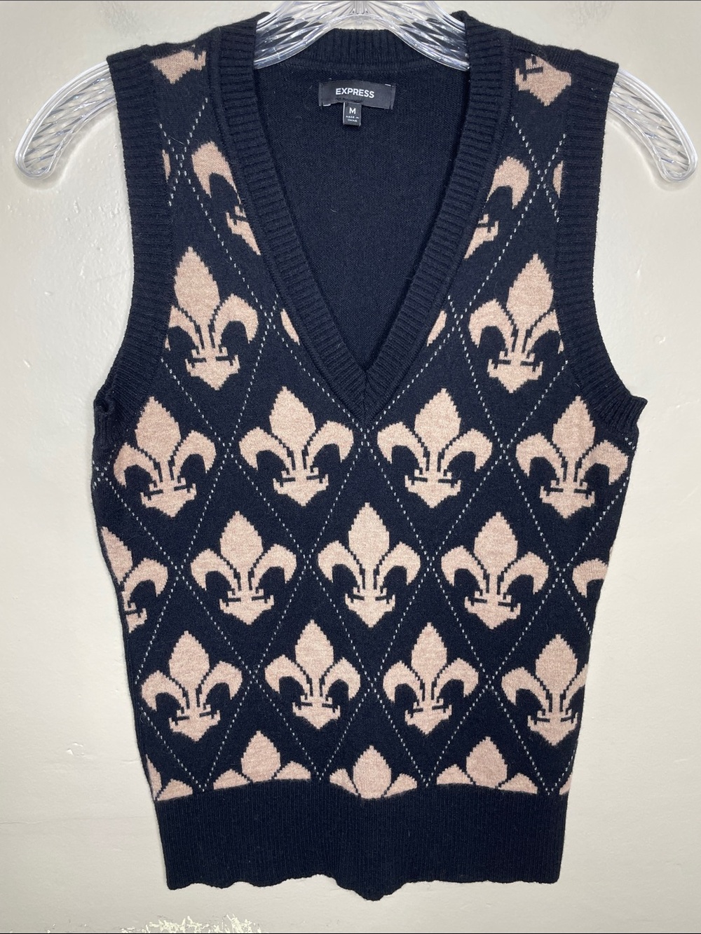 EXPRESS Black & Tan Wool Blend Fleur-De-Lis Preppy Dark Academia Vest Medium